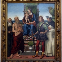 Domenico panetti, maestÃ  tra i ss. antonio abate, giobbe, giuliano e pietro martire, 1503, da s. giobbe a ferrara 01 - Sailko - Ferrara (FE)