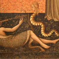 Giuliano di simone ricci, madonna col bambino in trono e quattro angeli, santi e crocifissione, 1380-1400 ca. 02 eva col serpente - Sailko - Parma (PR)